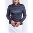 Picture 1/3 -TIGRESS FLOUNCED LONG SLEEVED LADIES GOLF POLO SHIRT dark blue with orange polka dotted