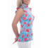 Picture 2/4 -TIGRESS SLEVELESS FLOUNCED LADIES GOLF POLO SHIRT turquoise tiger stripes with pink roses 