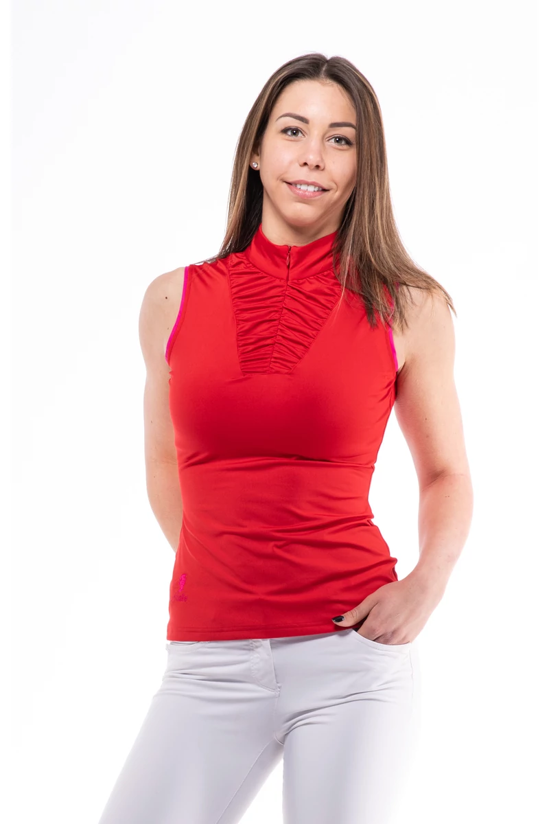 HOLEINONE LADIES FRONT WRINKLED SLEEVELESS POLO SHIRT WITH STAND UP COLLAR red/pink tuck