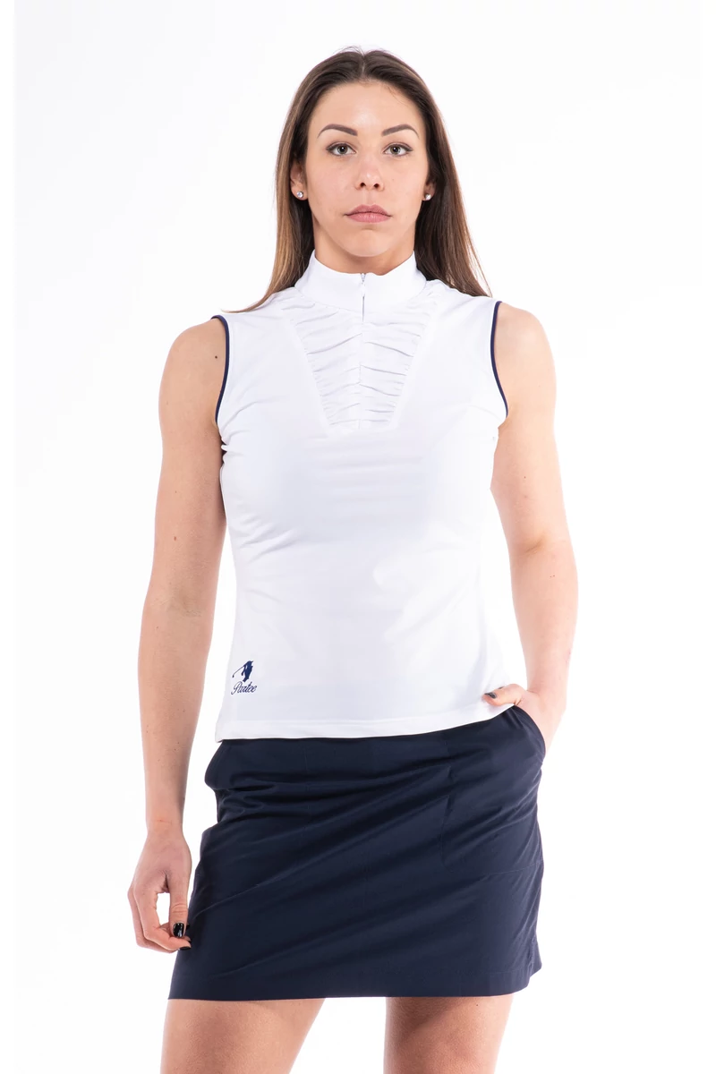 HOLEINONE LADIES FRONT WRINKLED SLEEVELESS POLO SHIRT WITH STAND UP COLLAR white/dark blue tuck