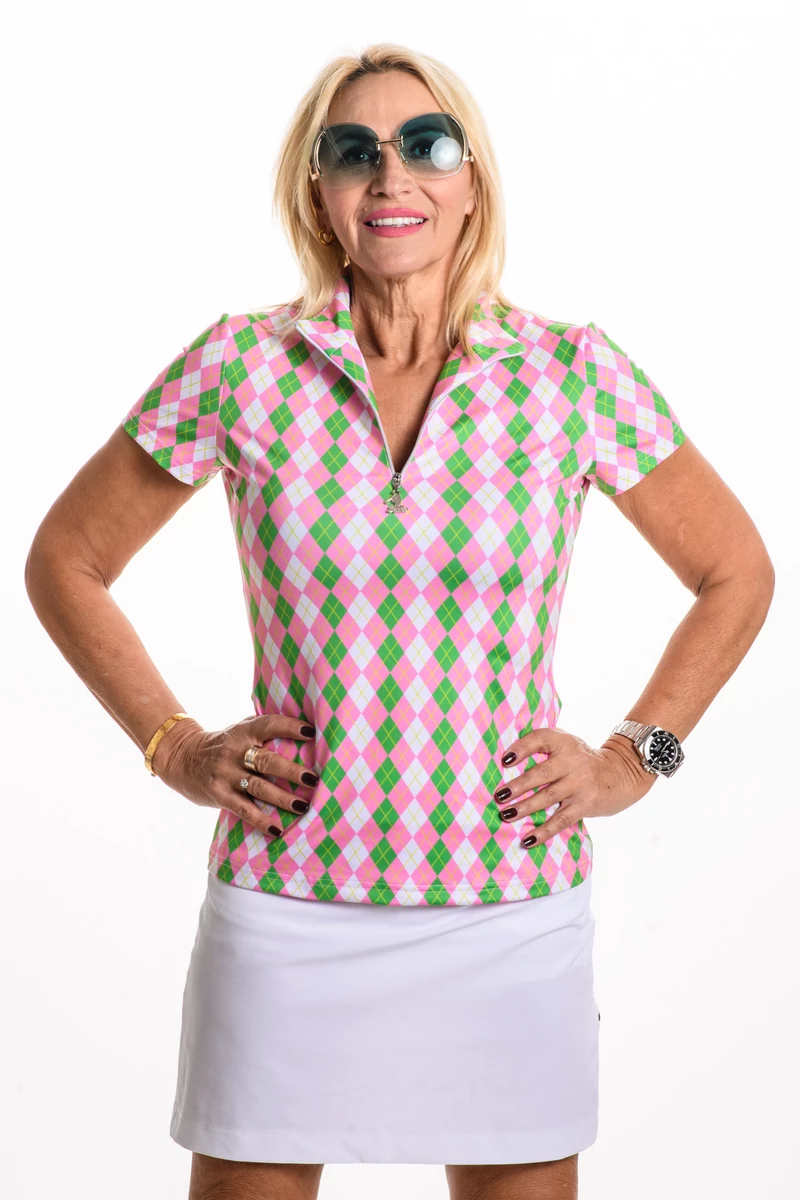 ALBATROSS LADIES STAND UP COLLAR SHORT SLEEVE GOLF POLO SHIRT argyle pattern in pink/mentha/white