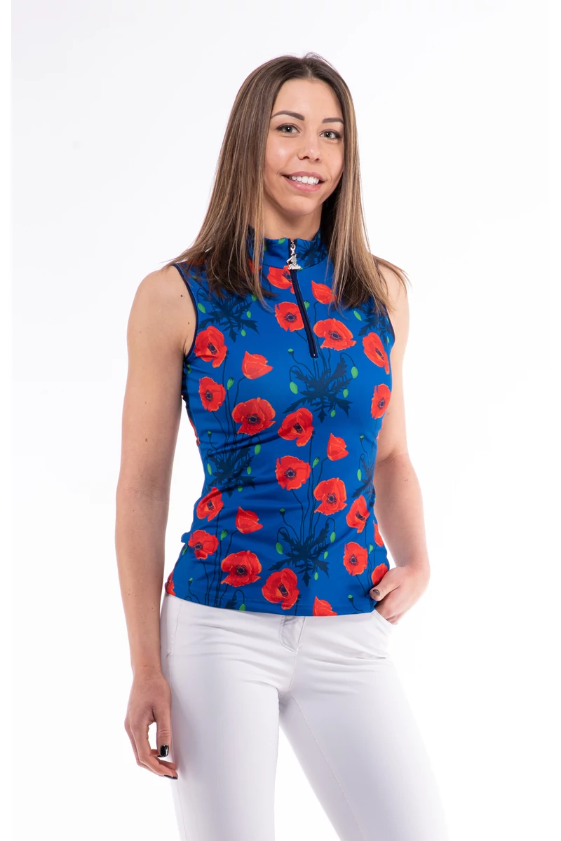 BIRDIE LADIES STAND UP COLLAR GOLF POLO SHIRT blue/red poppy flower