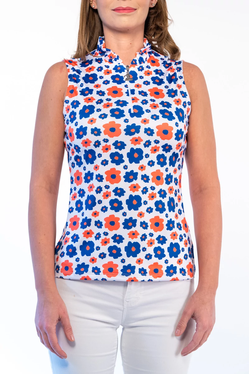 TIGRESS SLEVELESS  LADIES GOLF POLO SHIRT white with red and blue flowers