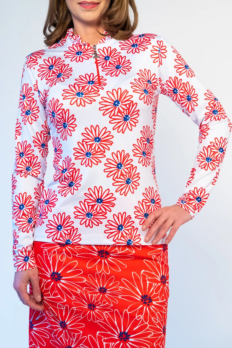 TIGRESS FLOUNCED LONG SLEEVED LADIES GOLF POLO SHIRT white with red margarethas