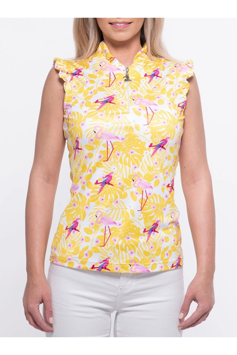 TIGRESS SLEVELESS FLOUNCED LADIES GOLF POLO SHIRT yellow leaf with pink birds 