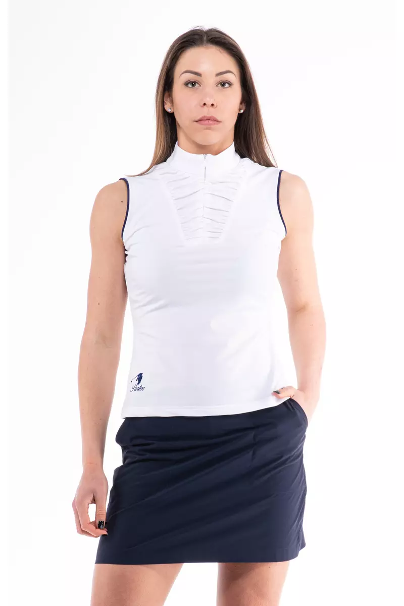 HOLEINONE LADIES FRONT WRINKLED SLEEVELESS POLO SHIRT WITH STAND UP COLLAR white/dark blue tuck