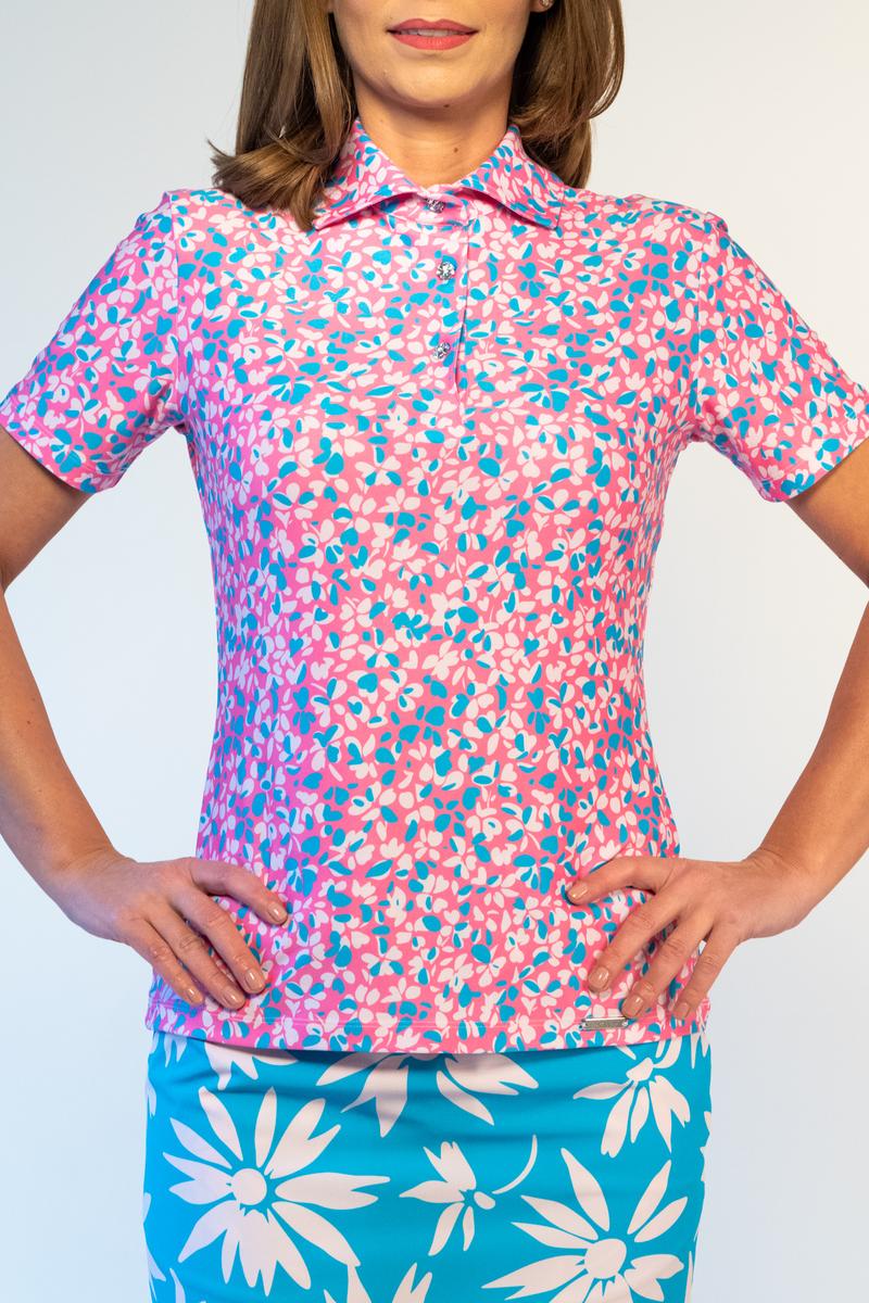 EAGLE LADIES CLASSIC SHORT SLEEVE COLLAR POLO SHIRT pink turquise abstract pattern