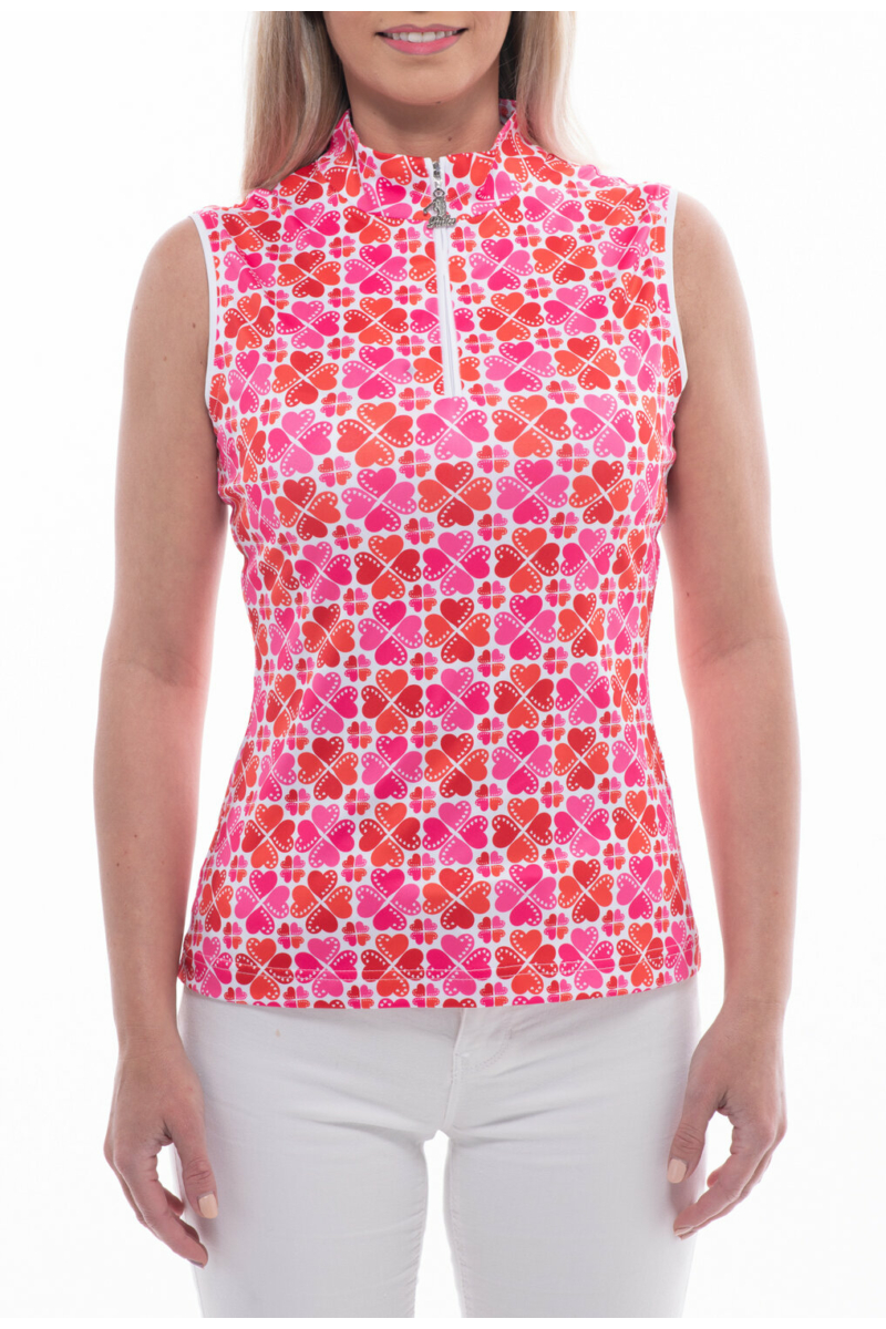 BIRDIE SLEVELESS STAND UP COLLAR LADIES GOLF POLO SHIRT with red & pink hearts pattern