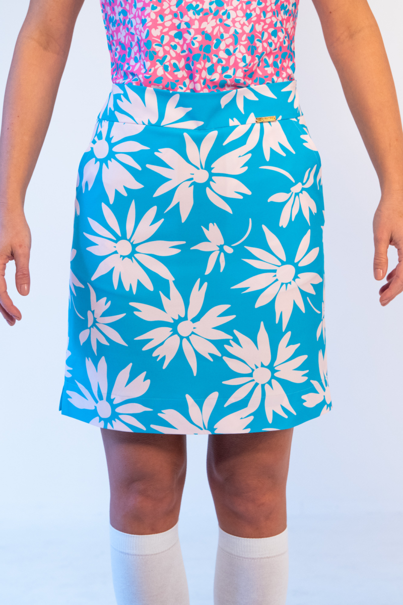 MIDI GOLF SKIRT WITH 4 POCKETS AND SHORTS turquise with giants flowers
