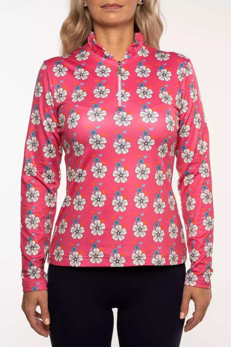 TIGRESS THERMOACTIVE LONG SLEEVED LADIES GOLF POLO SHIRT pink with beige and blue flowers, butterflies