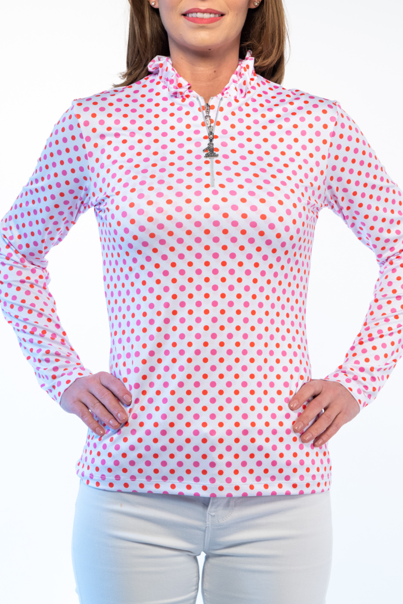 TIGRESS FLOUNCED LONG SLEEVED LADIES GOLF POLO SHIRT white with red, pink and orange dotts