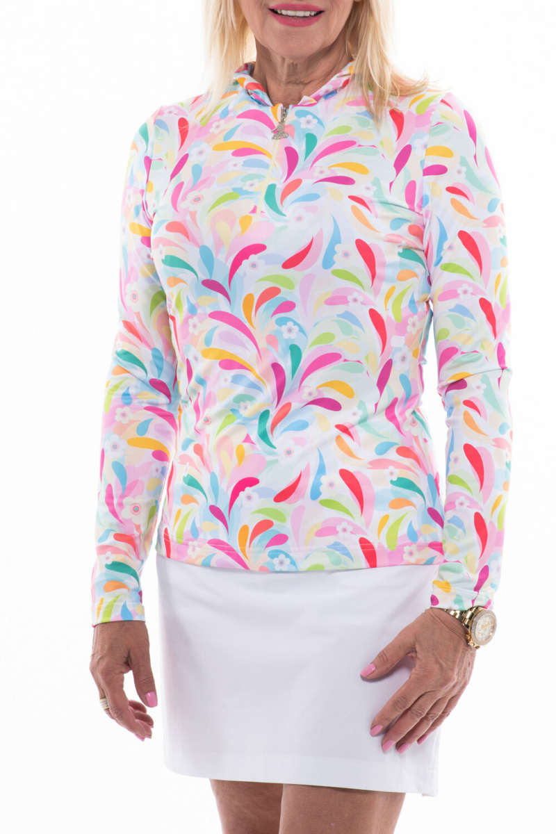 TIGRESS FLOUNCED LONG SLEEVED LADIES GOLF POLO SHIRT pastel colours with abstract pattern