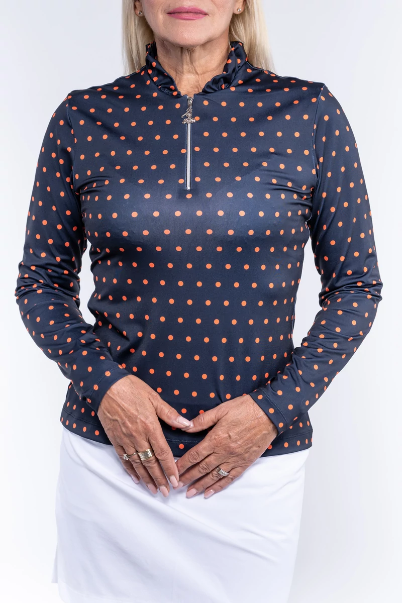 TIGRESS FLOUNCED LONG SLEEVED LADIES GOLF POLO SHIRT dark blue with orange polka dotted