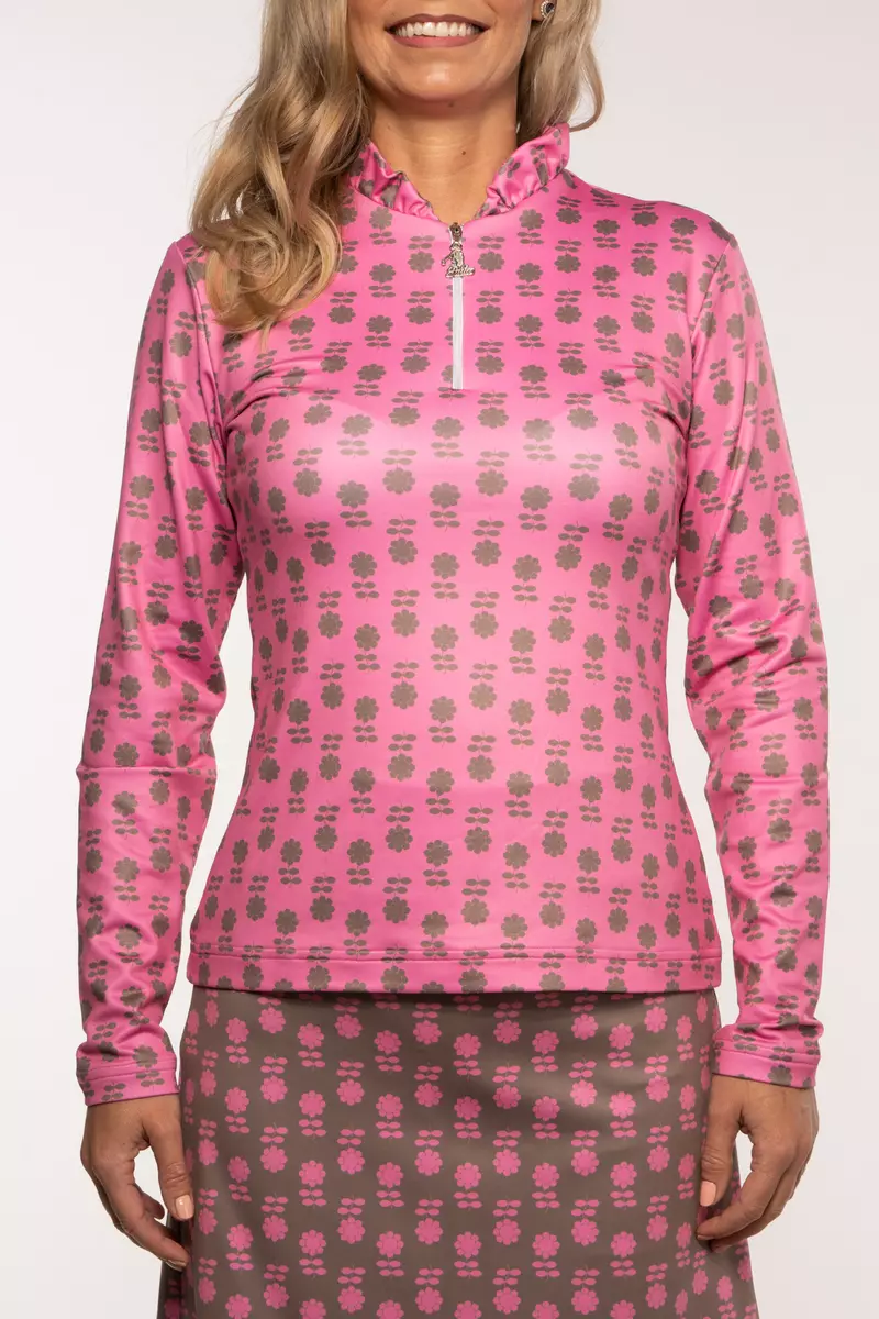 TIGRESS THERMOACTIVE LONG SLEEVED LADIES GOLF POLO SHIRT capuccino color with pink flowers