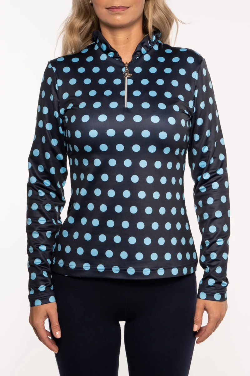 TIGRESS THERMOACTIVE LONG SLEEVED LADIES GOLF POLO SHIRT dark blue with blue polka dotted