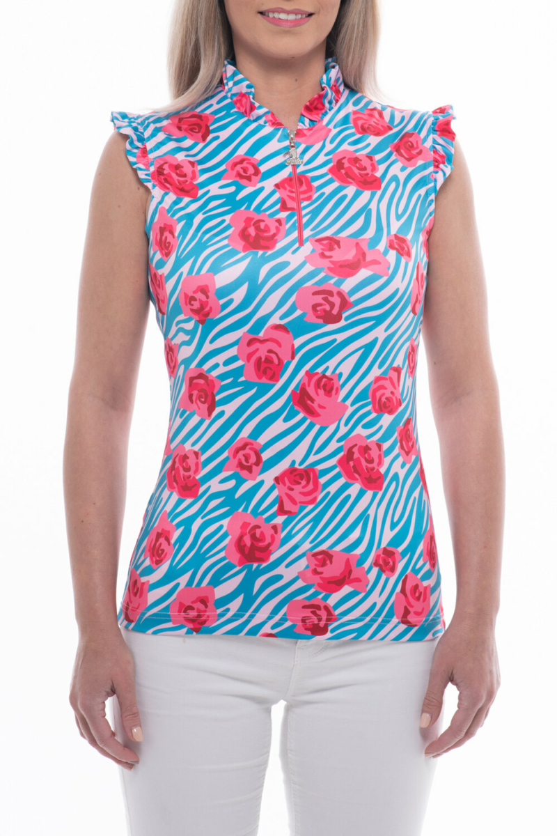 TIGRESS SLEVELESS FLOUNCED LADIES GOLF POLO SHIRT turquoise tiger stripes with pink roses 
